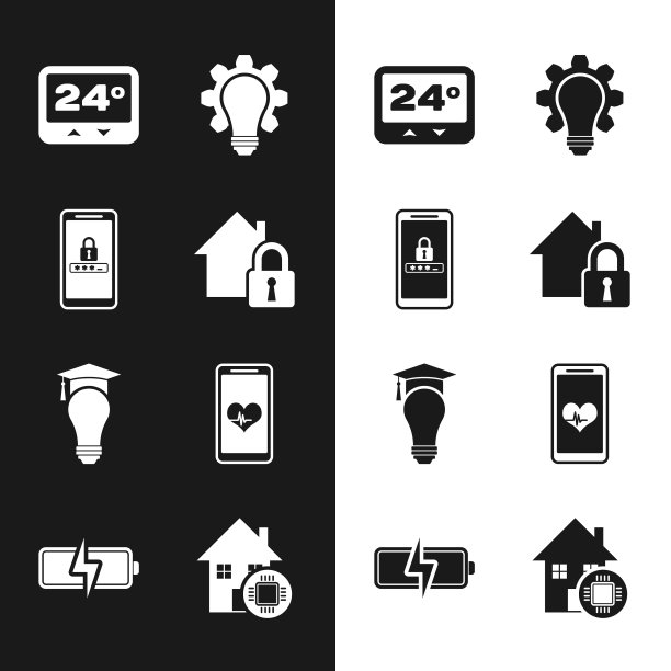 设置房子在保护下，移动和密码，恒温器，灯泡齿轮，毕业帽，心率，智能家居和电池图标。向量图片下载