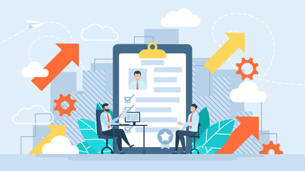 招聘，面试的概念。小矮人在查看就业申请表。查看招聘简历。为工作场所选角。搜索员工，找工作。平的插图图片下载