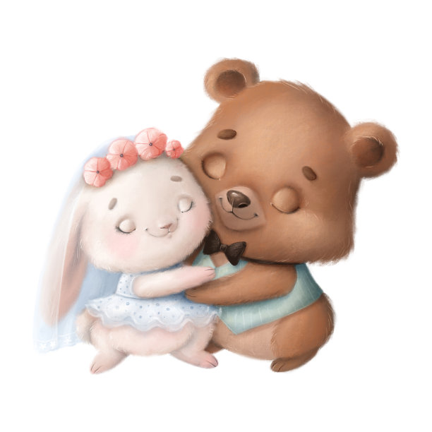 可爱的卡通动物婚礼插图。动物拥抱。兔子和熊。图片下载