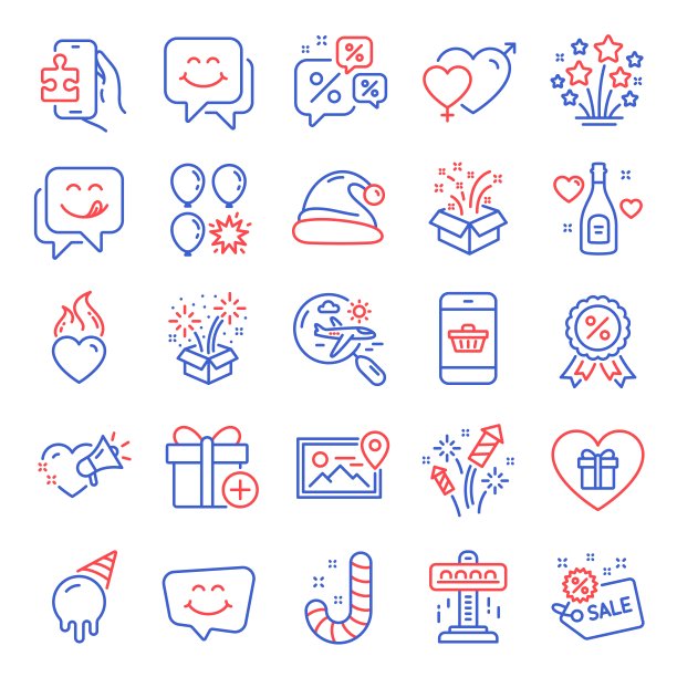 假期的图标集。包括图标作为礼物，男性女性，照片位置。向量图片下载