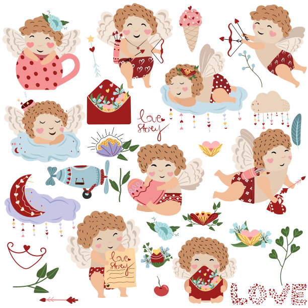 情人节的礼物，快乐的丘比特，鲜花。可爱的丘比特适合你的剪贴簿设计，横幅，情人节卡片，海报。丘比特是波西米亚风格的。矢量图图片下载