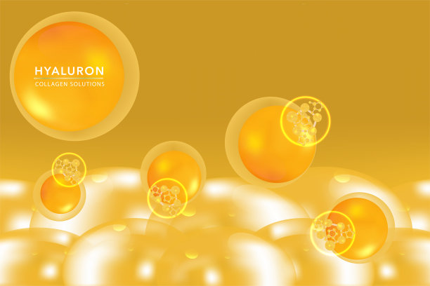 透明质酸广告皮肤解决方案，金胶原蛋白血清滴与化妆品广告背景随时使用。图片下载