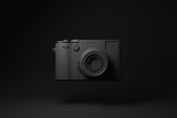 时尚电影相机漂浮在黑色背景上。最小的概念的想法。明亮甜蜜时尚风格。3d渲染。图片下载