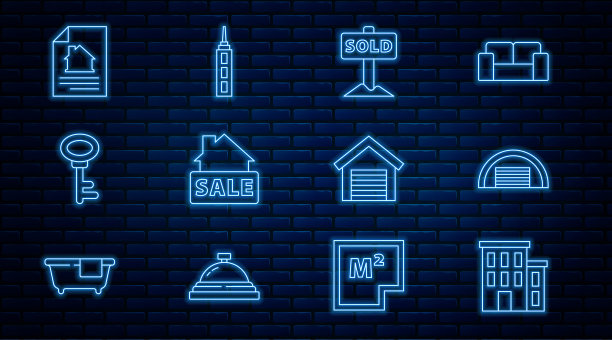 设置线房子，车库，悬挂标志与文本出售，出售，钥匙，合同，摩天大楼图标。向量图片下载