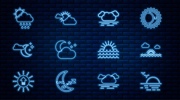 设置线日落，云，月亮和星星，雨太阳，和云天气的图标。向量图片下载