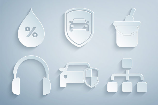 设置汽车保护或保险、酒桶、耳机、层级组织图和水滴百分比图标。向量图片下载