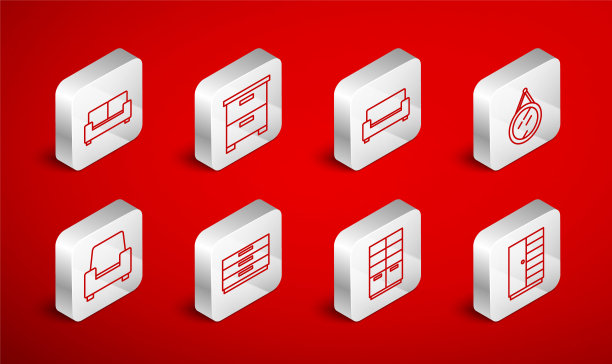 设置线衣柜，家具床头柜，沙发，镜子，衣柜抽屉和扶手椅图标。向量图片下载