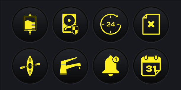 设置Kayak和paddle、Delete file document、Water tap、Bell、Clock 24小时和硬盘驱动器HDD保护图标。向量图片下载