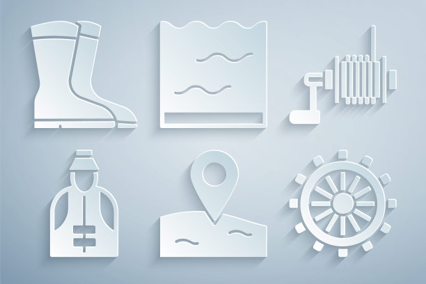 设置位置钓鱼，纺纱卷轴，渔民，船舶方向盘，水族馆和钓鱼靴图标。向量图片下载