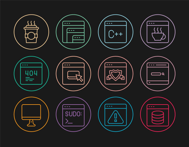 设置行服务器，数据，网络主机，搜索引擎，软件，浏览器文件，页面与404错误，咖啡杯去，屏蔽和图标。向量图片下载