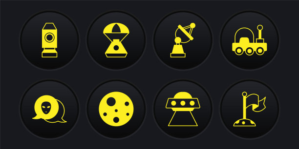 设置外星人、火星探测器、行星、不明飞行物飞行飞船、卫星碟形天线、太空舱、带旗的月球和火箭图标。向量图片下载