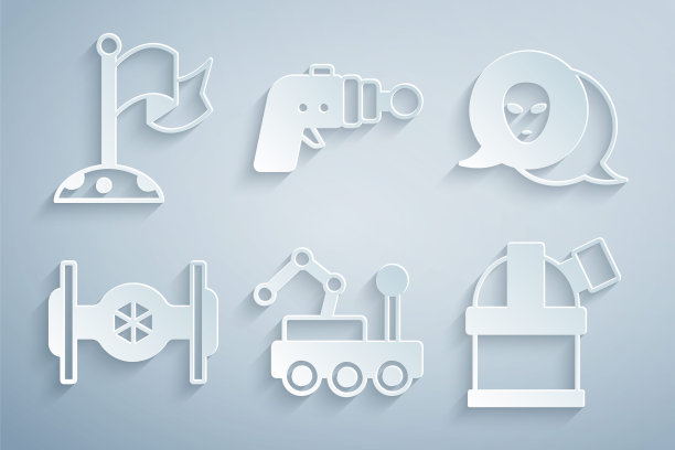 设置火星探测器，外星人，宇宙飞船，天文台，射线枪和月球与旗帜图标。向量图片下载