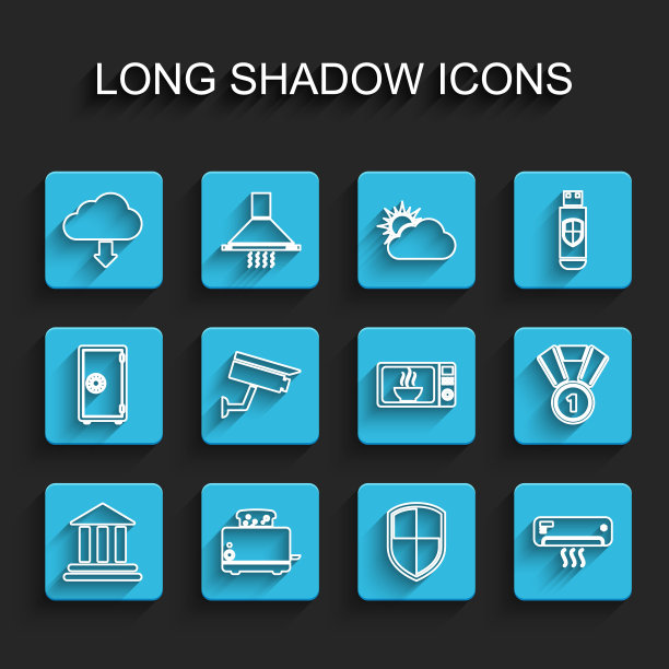 银行大楼、烤面包机、云下载、盾牌、空调、监控摄像头、奖牌和微波炉图标矢量素材图片下载