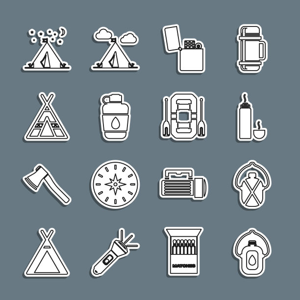 设置线水壶水壶，热水瓶，打火机，旅游帐篷，旗帜和漂流船的图标。向量图片下载