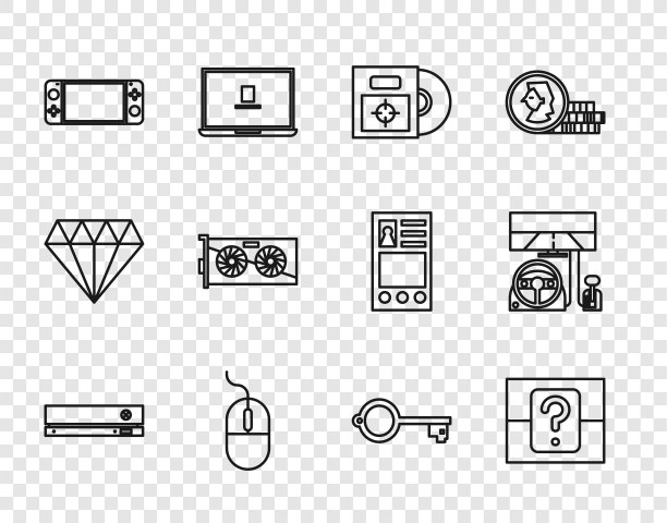 集视频游戏控制台，神秘或随机盒，CD DVD光盘，电脑鼠标，便携式视频，显卡，古代钥匙和赛车模拟器座舱图标。向量图片下载