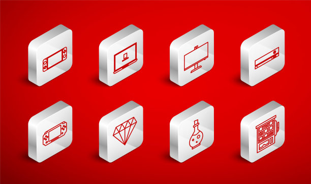 设置线上老虎机，笔记本电脑，电脑显示器，视频游戏机，瓶子与魔术灵丹妙药，便携式视频，钻石和图标。向量图片下载