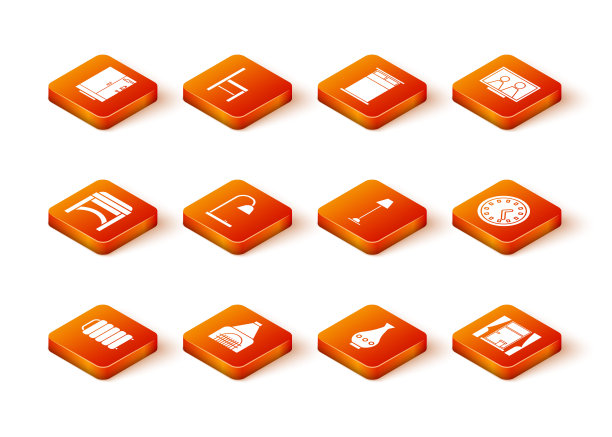 设置暖气散热器，室内壁炉，椅子，台灯，花瓶，地板，窗帘和时钟图标的窗户。向量图片下载