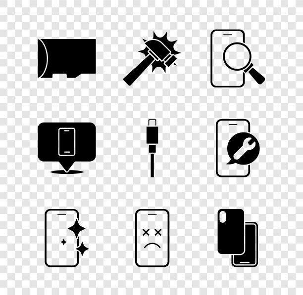 设置Micro - SD存储卡，锤子，手机维修服务，玻璃屏幕保护器，死手机，智能手机，USB数据线图标。向量图片下载