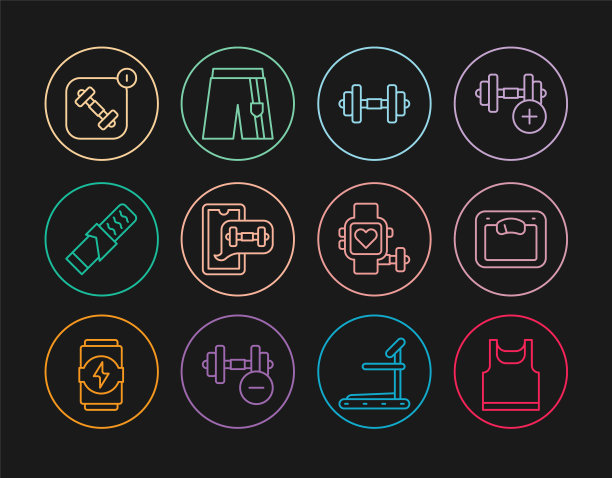 设置线无袖t恤，浴室秤，哑铃，健身应用程序，蛋白质运动吧，心脏和短裤图标智能手表。向量图片下载