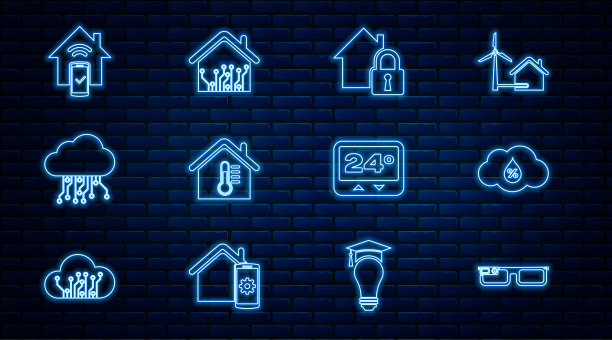 设置线智能眼镜，湿度，房屋保护，温度，物联网，家庭远程控制系统，恒温器和图标。向量图片下载