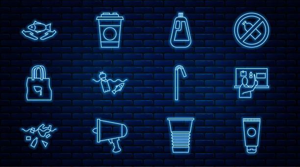 设置线霜化妆品管，停止塑料污染，洗洁精瓶，海洋问题，购物袋与回收，鱼护理，饮用吸管和纸玻璃图标。向量图片下载