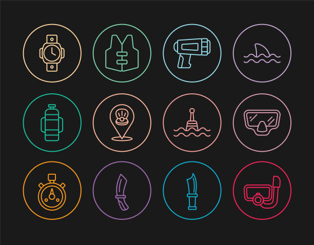 潜水面罩，潜水手电，扇贝贝壳，潜水器，手表，浮筒和救生衣图标。向量图片下载