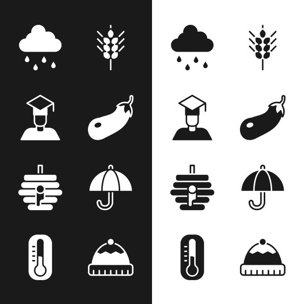 设置茄子，毕业生和毕业帽，云与雨，小麦，蜂箱为蜜蜂，雨伞，冬季帽子和温度计图标。向量图片下载