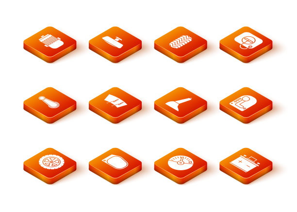 设置车轮，后视镜，门把手，雨刷，速度计，手刹，电池和变速杆图标。向量图片下载