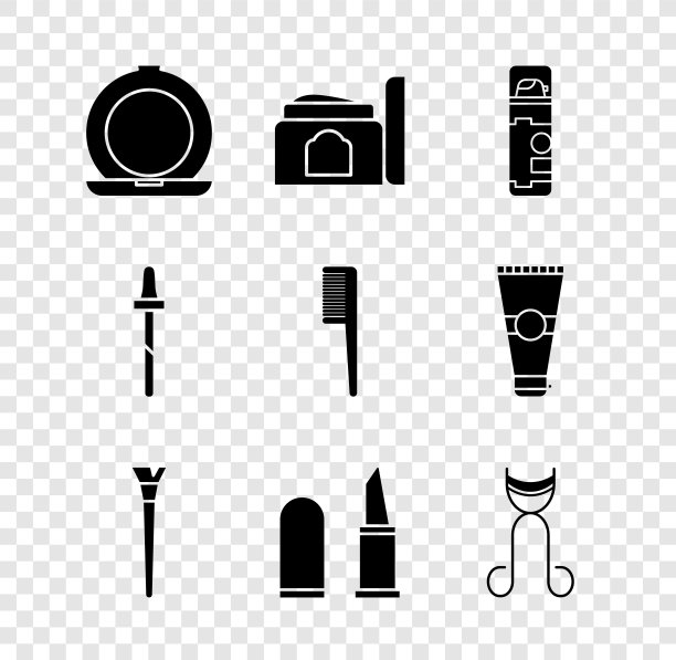 设置化妆粉与镜子，霜化妆品管，剃须凝胶泡沫，刷子，口红，睫毛夹，移液器和发刷图标。向量图片下载