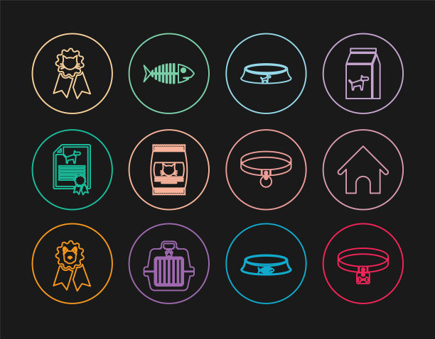 设置线狗项圈，房子，宠物食品碗，袋为猫，证书狗，猫奖符号，项圈和鱼骨架图标。向量图片下载