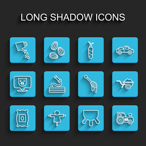 集线包装充满种子的植物，稻草人，浇水罐，乳房，拖拉机，花园软管，手推车与泥土和蜂蜜勺棒图标。向量图片下载