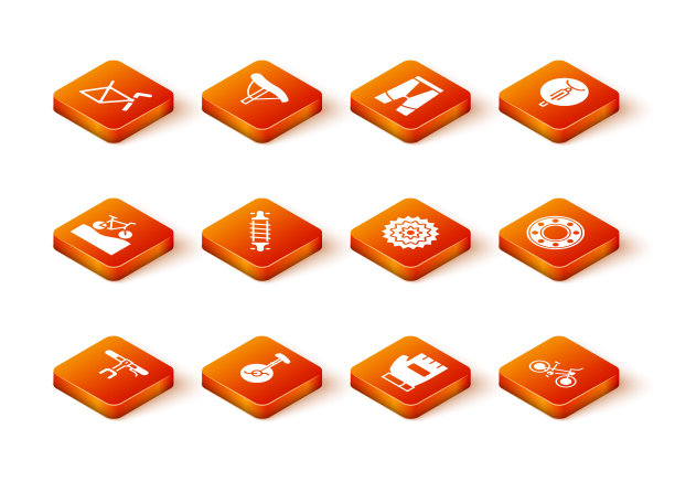 设置自行车车把，独轮车或单轮自行车，山，悬挂，手套，磁带和滚珠轴承图标。向量图片下载