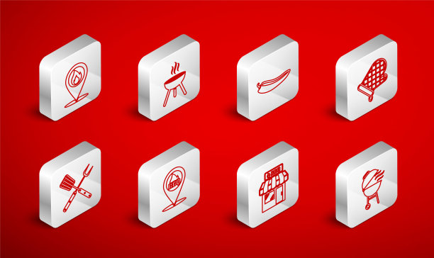 集烧烤烤架、辣椒烤架、烤箱手套、购物大楼、位置火焰、烧烤、叉叉和刮刀图标于一体。向量图片下载