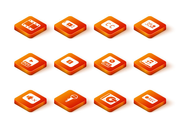 设置扬声器静音，麦克风，MOV文件，停止媒体按钮，乙烯基播放器与乙烯基磁盘，实时流，记录和笔记本电脑的音乐图标。向量图片下载