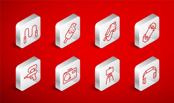 设置线耳机，冰淇淋，玩具马，滑板，木画架，跳绳，照片相机和水枪图标。向量图片下载