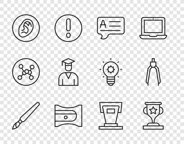 设置线刷，奖杯，演讲气泡回答，卷笔刀，耳朵听声音信号，毕业和毕业帽，舞台站和绘制指南针图标。向量图片下载