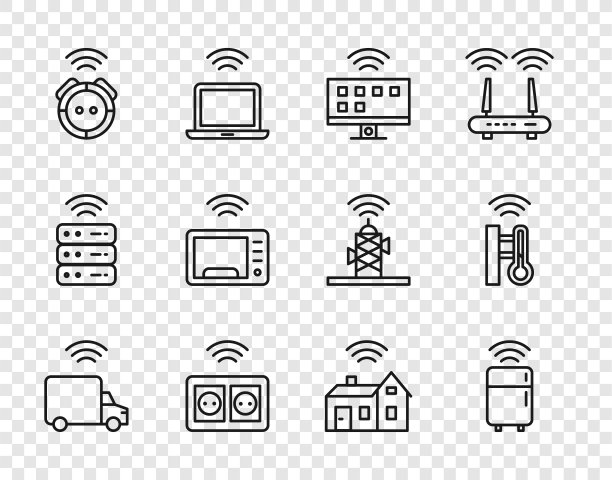 集智能卡车、冰箱、电视系统、电源插座、机器人吸尘器、微波炉、家用无线和温度计图标于一体。向量图片下载