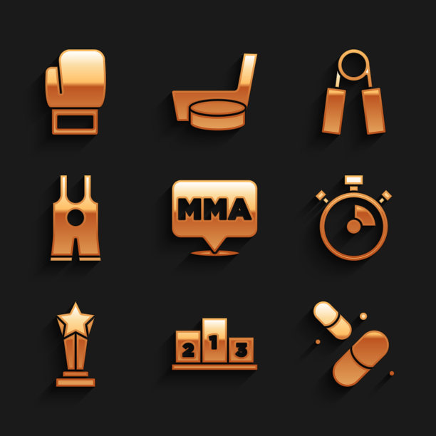 设置搏击俱乐部综合格斗，在运动冠军领奖台，维生素药丸，秒表，杯子，摔跤背心，运动扩展器和拳击手套图标。向量图片下载