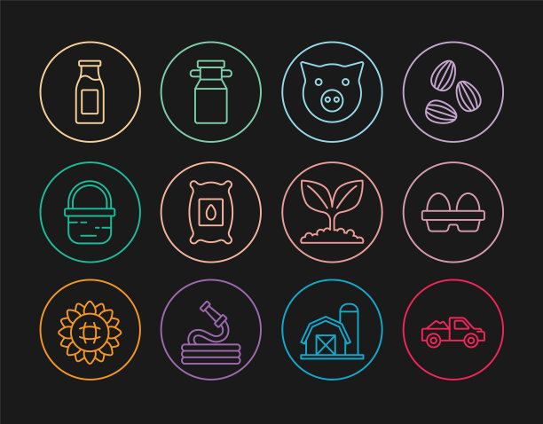 设置线皮卡，鸡蛋盒，猪，装满植物种子，篮子，牛奶瓶，植物和罐子容器图标。向量图片下载