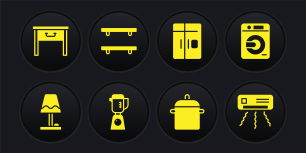 设置台灯，洗衣机，搅拌机，烹饪锅，冰箱，空木架，空调和家具床头柜图标。向量图片下载