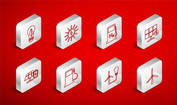 设置线风力涡轮机，太阳能电池板，氢气加气站，灯泡风，叶片，汽油或天然气和电池图标。向量图片下载