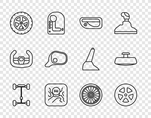设置线底盘车，汽车车轮，门把手，变速杆，镜子，和图标。向量图片下载