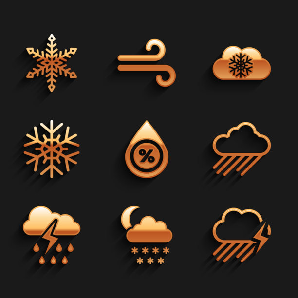 设置水滴百分比，云与雪和月亮，雨闪电，雪花图标。向量图片下载