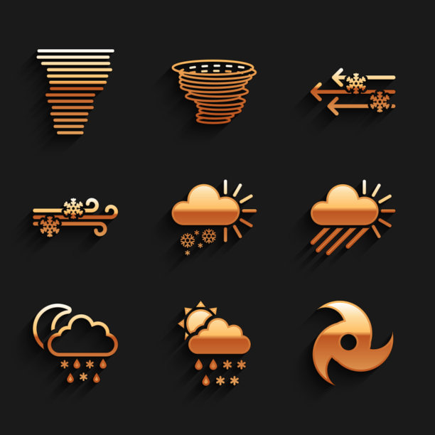 设置多云，有雪、雪、雨、太阳、龙卷风、月亮、风和图标。向量图片下载