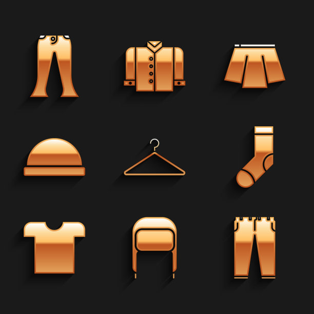 设置衣架衣柜，冬季帽子与耳褶，裤子，袜子，t恤，无檐帽，裙子和图标。向量图片下载
