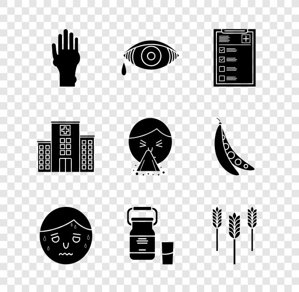 Set hands with牛皮癣或湿疹，临床记录，男子过度出汗，罐头容器牛奶，小麦，医院医院大楼和手帕，他流鼻涕的图标。向量图片下载