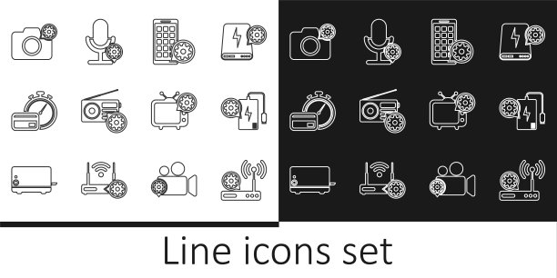 设置线路路由器和wi-fi设置，电源银行，移动应用程序，广播，快速支付，照片相机，电视和麦克风图标。向量图片下载