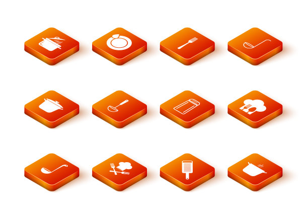 设置厨房勺子，厨师帽和叉子，烹饪锅，磨砂器，盐胡椒，和勺子图标。向量图片下载