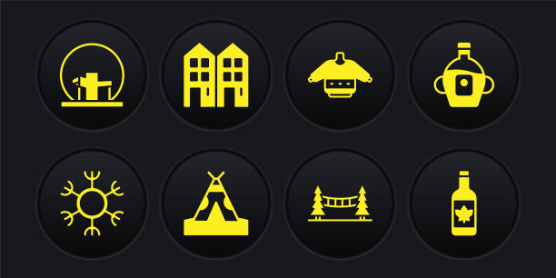 设置雪花，枫糖浆，印第安帐篷或棚屋，卡皮拉诺吊桥，圣诞毛衣，房子，啤酒瓶和蒙特利尔生物圈图标。向量图片下载