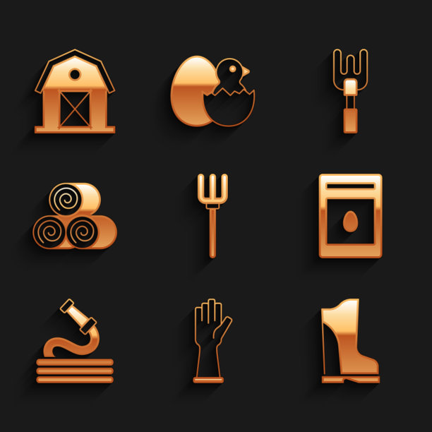 设置花园干草叉，橡胶手套，防水橡胶靴，包满种子植物，软管，卷干草，耙子和农场房子图标。向量图片下载